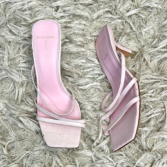 Black Suede Studio Felicity Pink Croc-Embossed Strappy Mule Sandals Sz 39 US 8.5 - Picture 1 of 11
